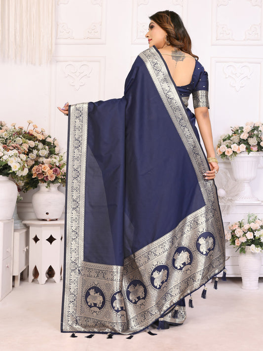 Navy Blue Banarasi Silk With Beautiful Gala Weaving Saree With Blouse