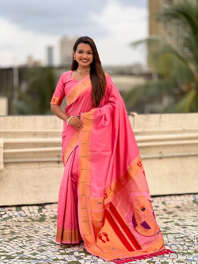 Baby Pink Color Soft Silk Fabric Woven Paithani Designer Cultural Rich Saree