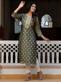 Green Color Beautiful Silk Blend Fabric Sophisticated Kurta For Girls