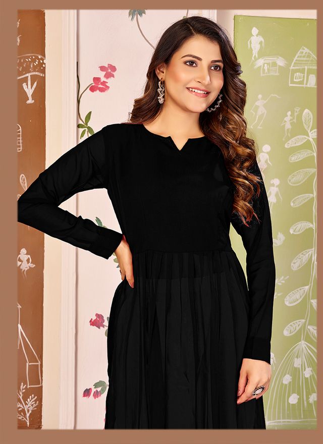 Black Color Beautiful Solid Printed Georgette Fabric Festive Long Kurta For Girls