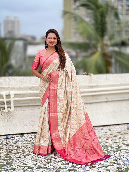 Cream Color Patola Silk Fabric Woven Meenakari Designer Saree