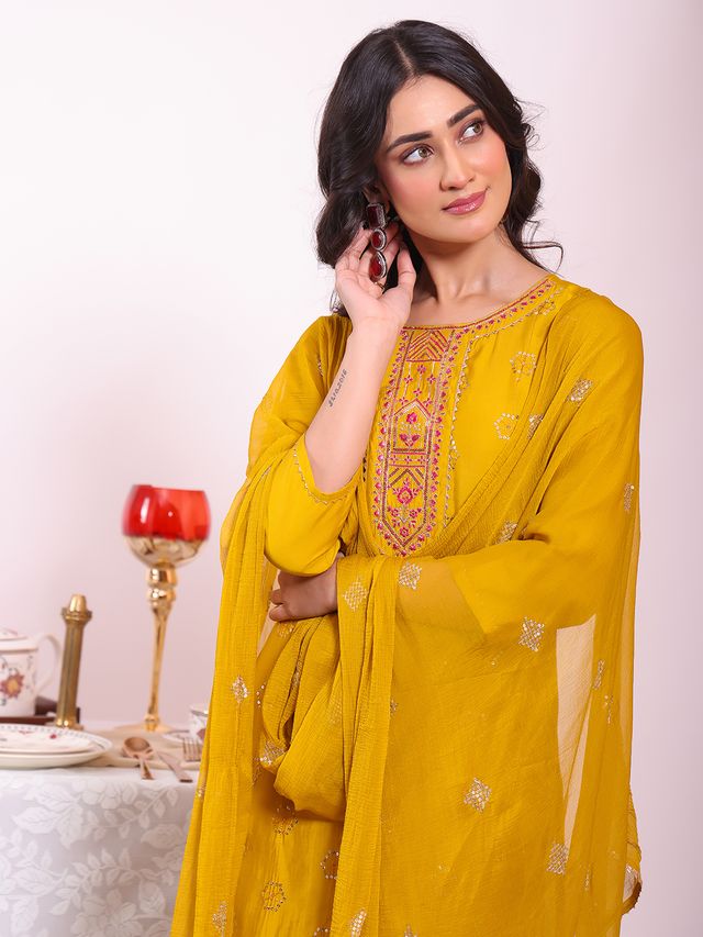 Mustard Color Poly Silk Fabric Smart Ethnic Partywear Kurta Set