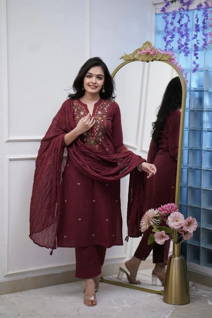 Maroon Color Beautiful Partywear Kurta Set With Dupatta For Stylish Looks