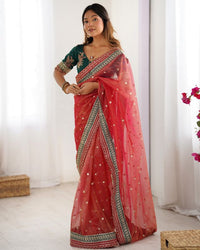 Red Color Banarasi Crush Fabric Graceful Partywear Sequins Embroidered Saree