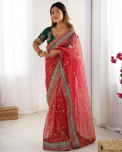 Red Color Banarasi Crush Fabric Graceful Partywear Sequins Embroidered Saree
