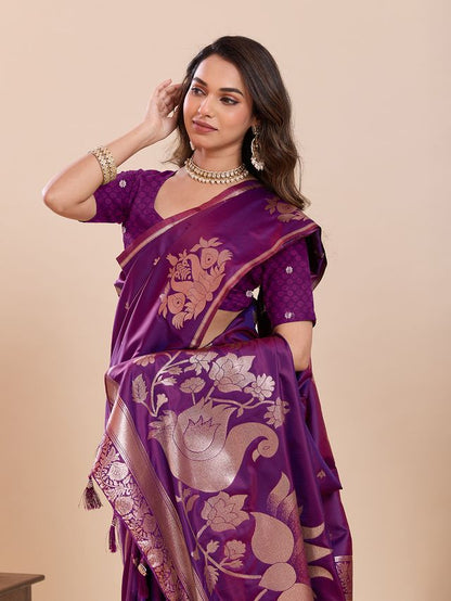 Purple Color Soft Silk Fabric Woven Jari Designer Partywear Saree