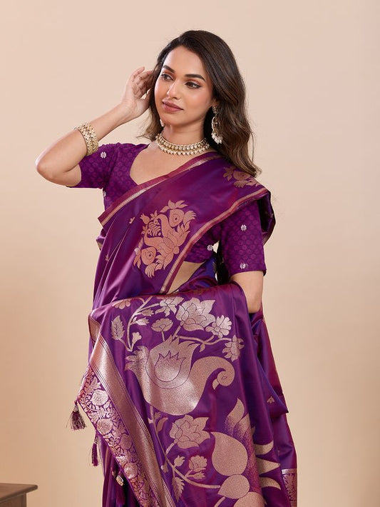Purple Color Soft Silk Fabric Woven Jari Designer Partywear Saree