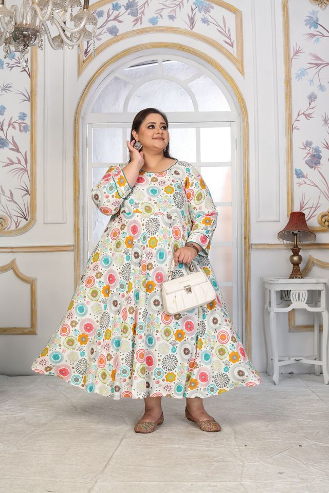 Off White Color Rayon Fabric Designer Printed Plus Size Kurta For Girls