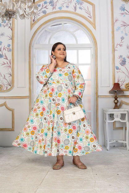 Off White Color Rayon Fabric Designer Printed Plus Size Kurta For Girls
