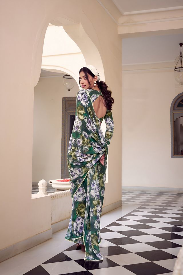 Rama Color Georgette Fabric Beautiful Floral Printed Saree