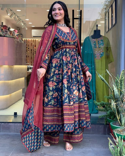 Blue Color Beautiful Partywear Kurta Set With Dupatta For Stylish Looks