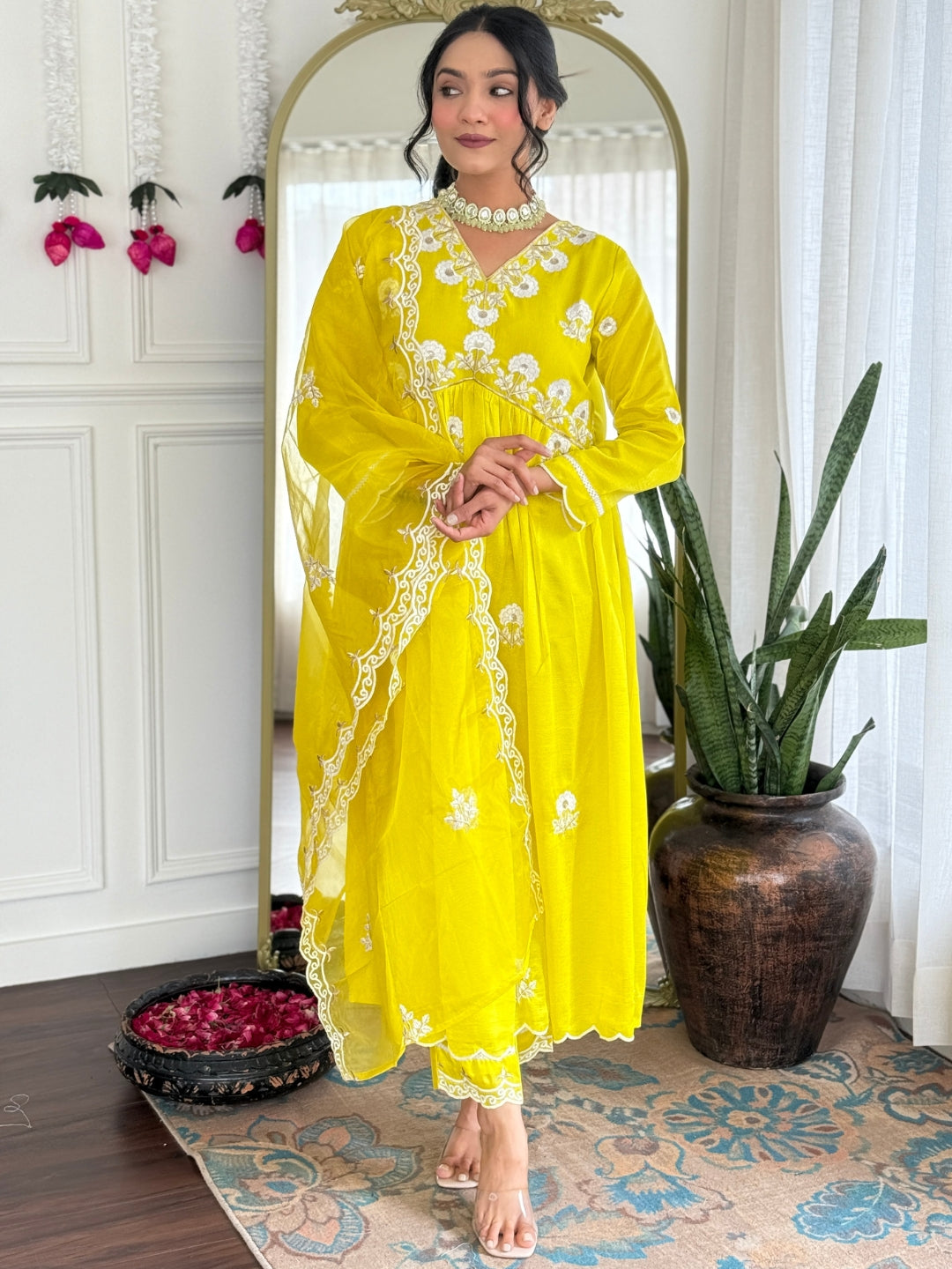 Women's Gorgeous Vichitra Silk Embroidery Flared Kurta with Pant And Dupatta Set