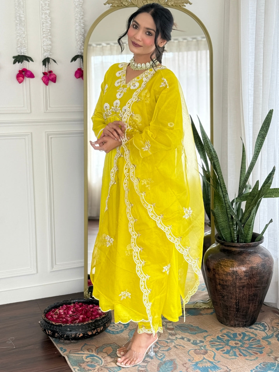 Women's Gorgeous Vichitra Silk Embroidery Flared Kurta with Pant And Dupatta Set