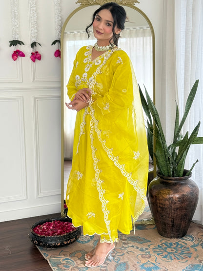 Women's Gorgeous Vichitra Silk Embroidery Flared Kurta with Pant And Dupatta Set