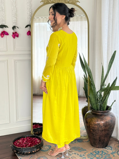 Women's Gorgeous Vichitra Silk Embroidery Flared Kurta with Pant And Dupatta Set