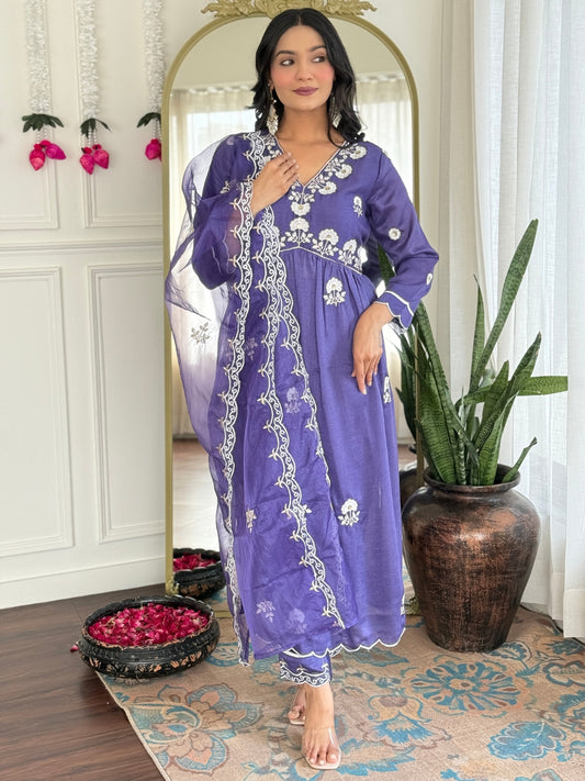 Women's Gorgeous Vichitra Silk Embroidery Flared Kurta with Pant And Dupatta Set