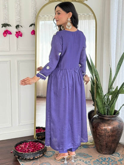 Women's Gorgeous Vichitra Silk Embroidery Flared Kurta with Pant And Dupatta Set