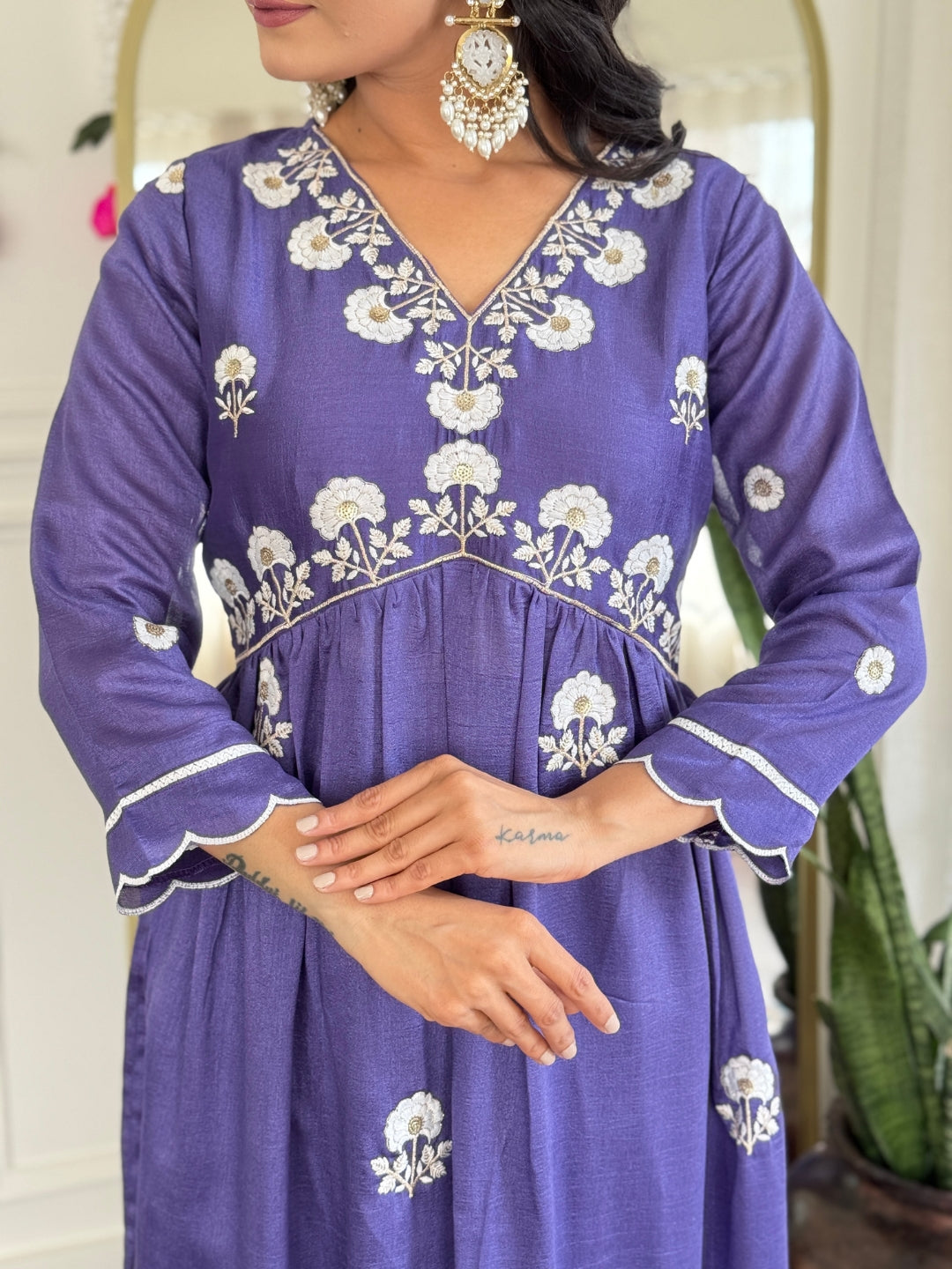 Women's Gorgeous Vichitra Silk Embroidery Flared Kurta with Pant And Dupatta Set