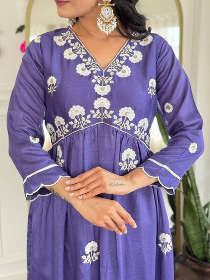 Women's Gorgeous Vichitra Silk Embroidery Flared Kurta with Pant And Dupatta Set