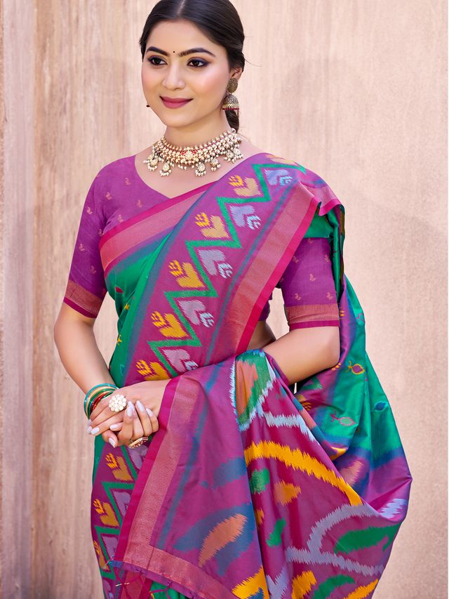 Rama Green Color Pochampalli Silk Fabric Designer Woven Ethnic Ceremonial Saree