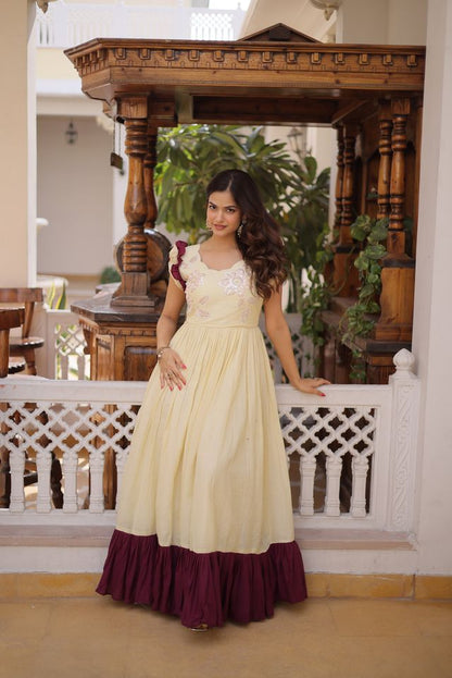 Off White Color Beautiful Girlie Readymade Gown For Graceful Girlie Looks