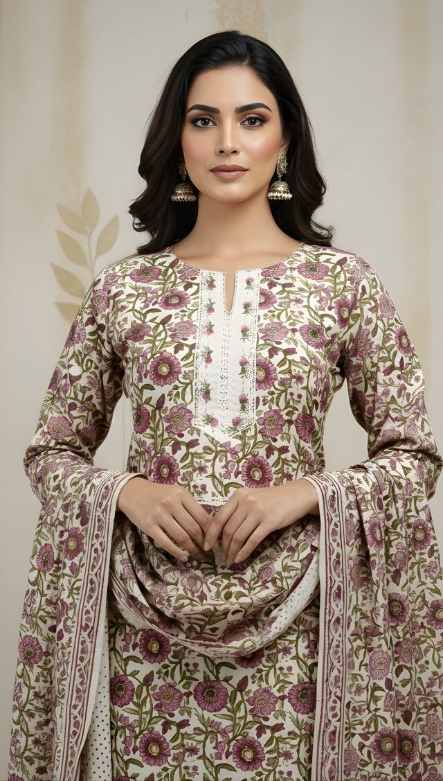 Beige Color Cotton Fabric Stylish And Trendy Kurta Set For Ethnic Girls