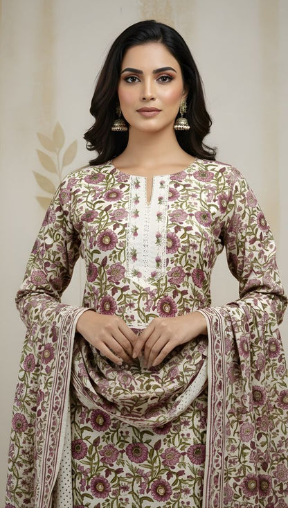 Beige Color Cotton Fabric Stylish And Trendy Kurta Set For Ethnic Girls