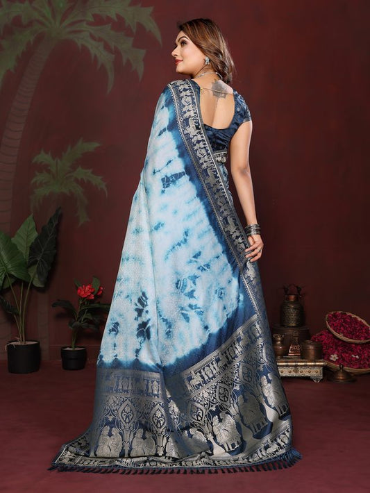 Blue Color Satin Silk Fabric Saree For Ethnic Indian Looks