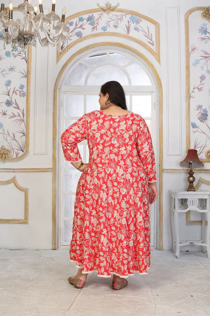 Red Color Rayon Fabric Designer Printed Plus Size Kurta For Girls