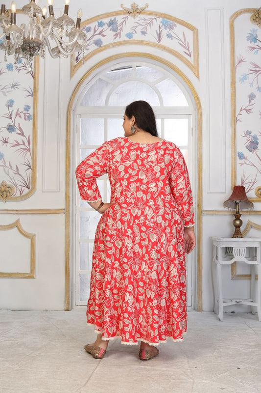 Red Color Rayon Fabric Designer Printed Plus Size Kurta For Girls