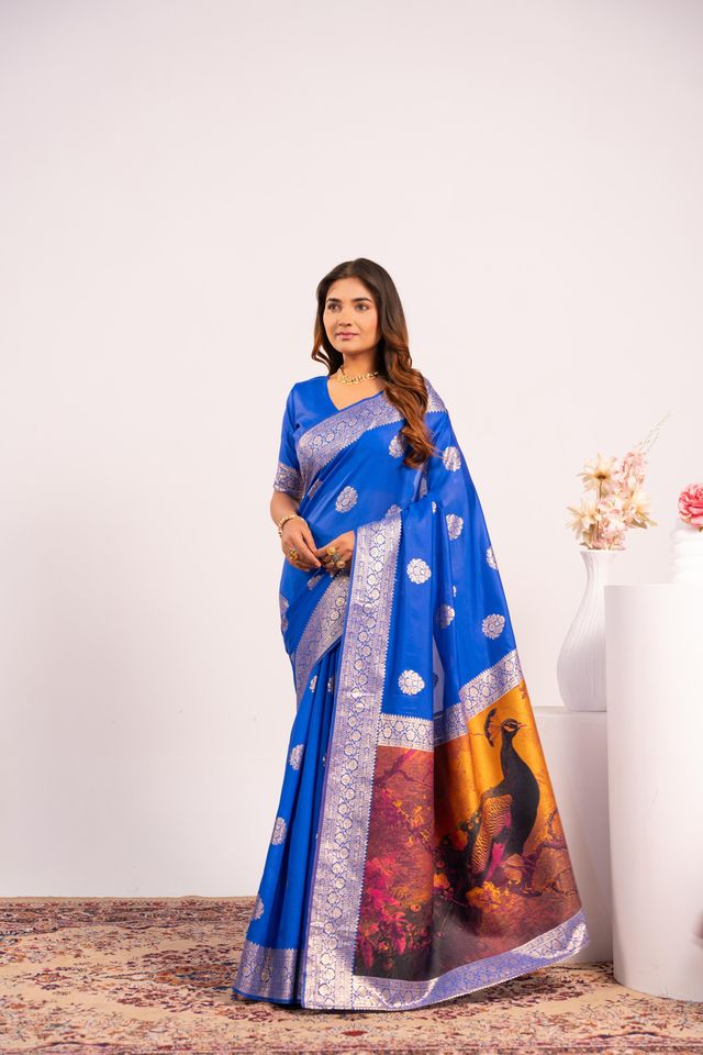 Royal Blue Color Banarasi Silk Fabric Designer Partywear Saree