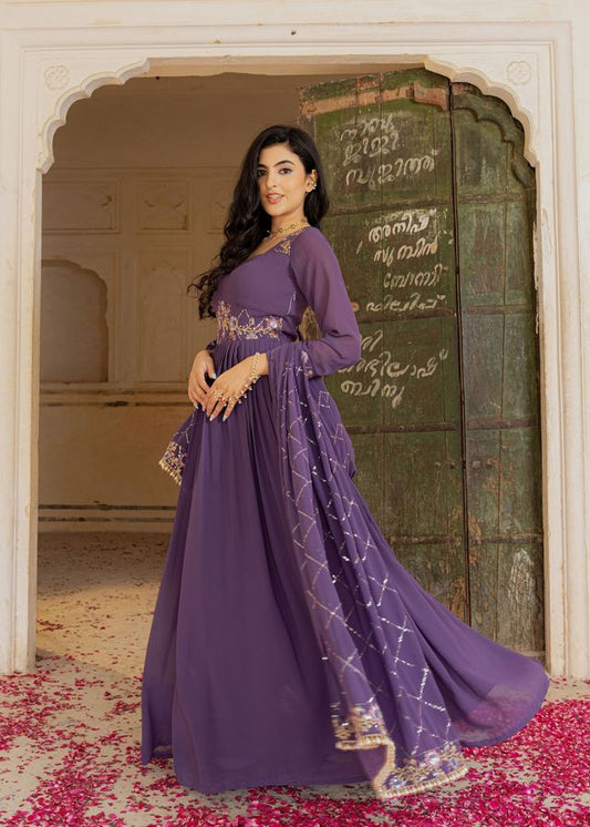 Purple Color Georgette Fabric Designer Embroidered Partywear Gown For Girlie Looks