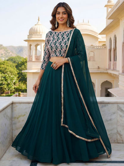 Green Color Georgette Fabric Designer Embroidered Lehenga Choli For Ceremonial Looks