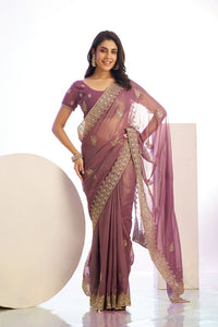 Wine Color Stylish Heavy Partywear Saree For Rich Girlie Looks