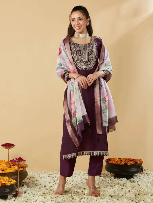 Women's Beautiful Chanderi Silk Fabric Embroidery Work Straight Kurta Pant and Dupatta Set 101