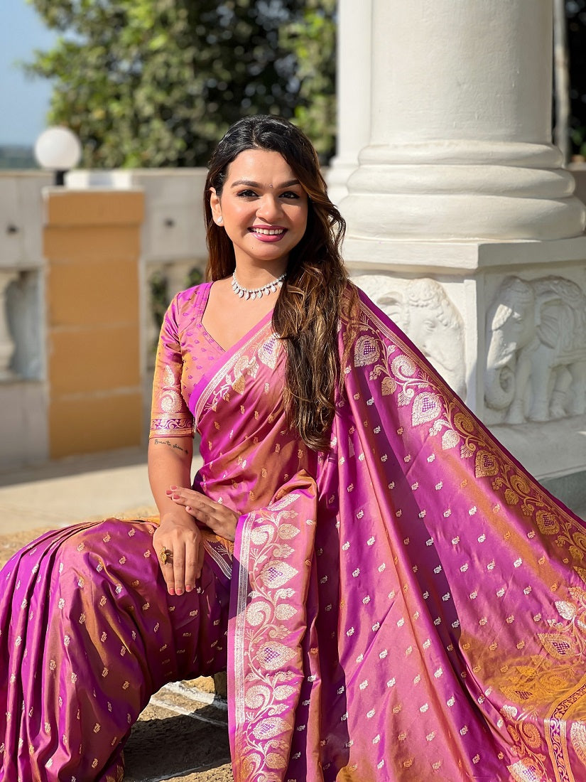 Onion Soft Banarasi Silk Meenakari Weaving Saree With Unstitched Blouse
