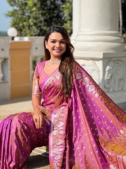 Onion Soft Banarasi Silk Meenakari Weaving Saree With Unstitched Blouse