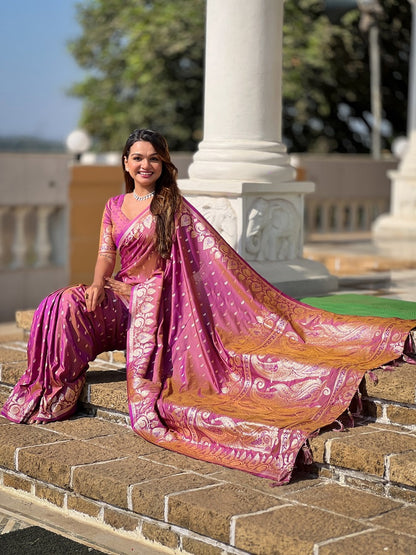 Onion Soft Banarasi Silk Meenakari Weaving Saree With Unstitched Blouse