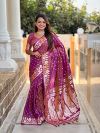 Onion Soft Banarasi Silk Meenakari Weaving Saree With Unstitched Blouse