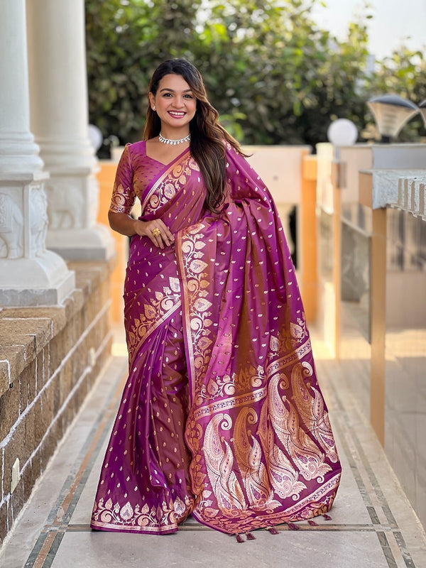 Onion Soft Banarasi Silk Meenakari Weaving Saree With Unstitched Blouse