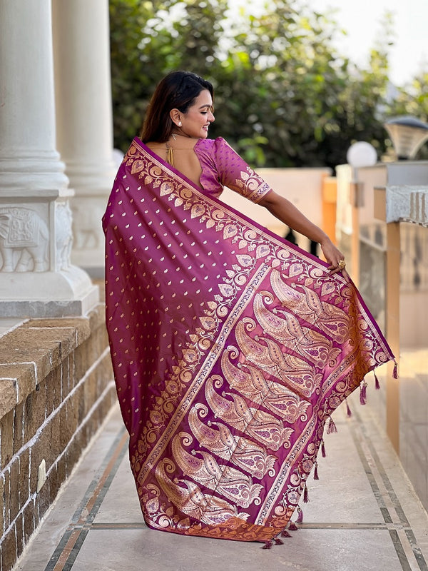 Onion Soft Banarasi Silk Meenakari Weaving Saree With Unstitched Blouse