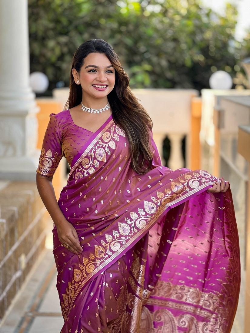 Onion Soft Banarasi Silk Meenakari Weaving Saree With Unstitched Blouse
