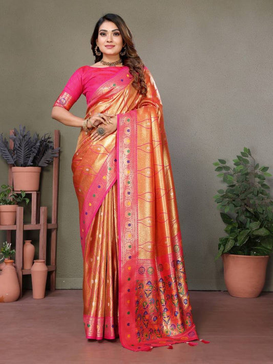 Orange Pure Banarasi Tissue Silk With Leheriya Weaving Saree With Blouse