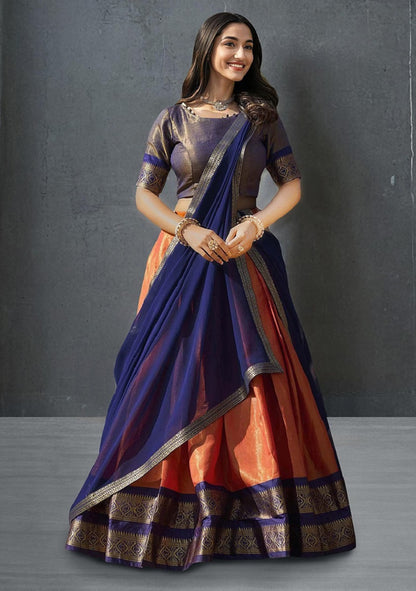 Orange South-style Kanchipuram silk lehenga With Unstitched Blouse & Dupatta