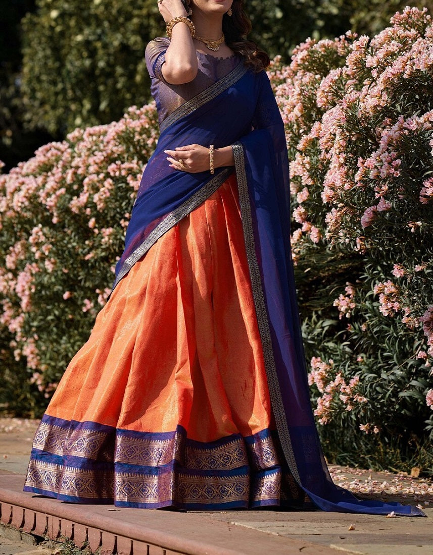 Orange South-style Kanchipuram silk lehenga With Unstitched Blouse & Dupatta