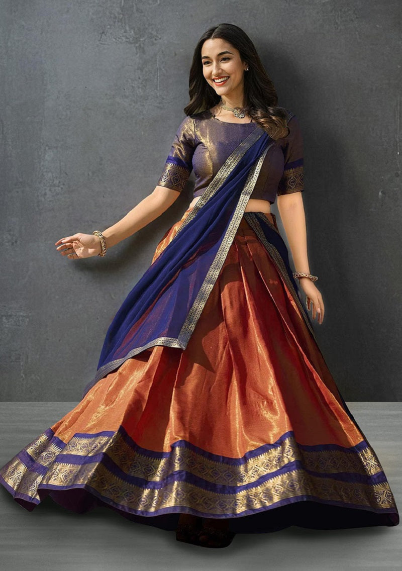 Orange South-style Kanchipuram silk lehenga With Unstitched Blouse & Dupatta