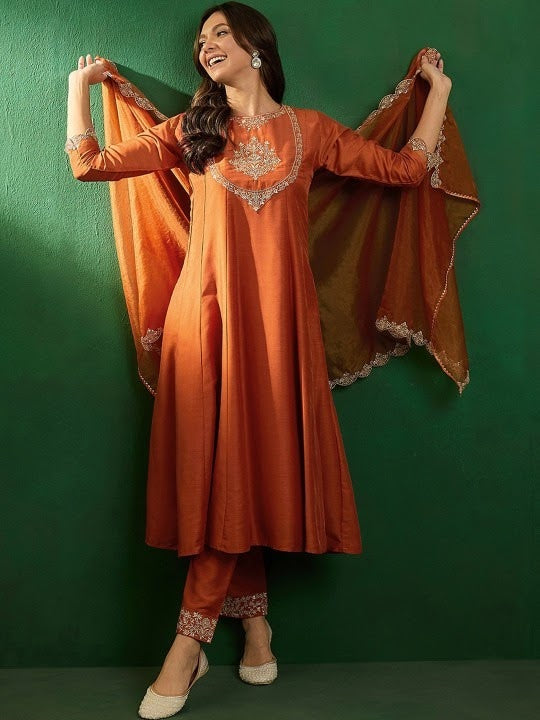Women's Beautiful Vichitra Fabric Embroidery Work Flared Anarkali Pant and Dupatta Set Vartika