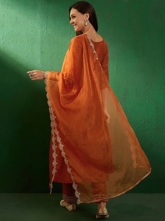 Women's Beautiful Vichitra Fabric Embroidery Work Flared Anarkali Pant and Dupatta Set Vartika