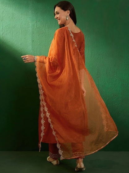Women's Beautiful Vichitra Fabric Embroidery Work Flared Anarkali Pant and Dupatta Set Vartika