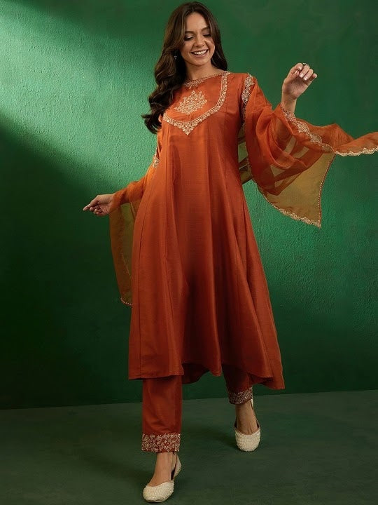 Women's Beautiful Vichitra Fabric Embroidery Work Flared Anarkali Pant and Dupatta Set Vartika